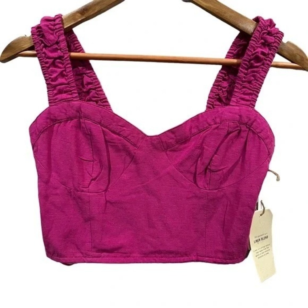 Midnight Sky Pink Crop Top S‎ Ruched Strap Linen Blend NWT